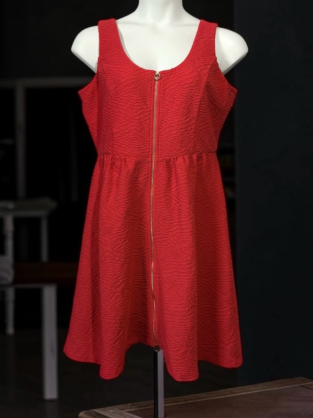 Calvin Klein, Red Textured Fit & Flare Dress, Size 14, Gold Zip Sleeveless